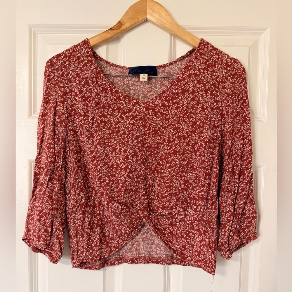 Rust Floral V-Neck Twist Hem Cropped Blouse